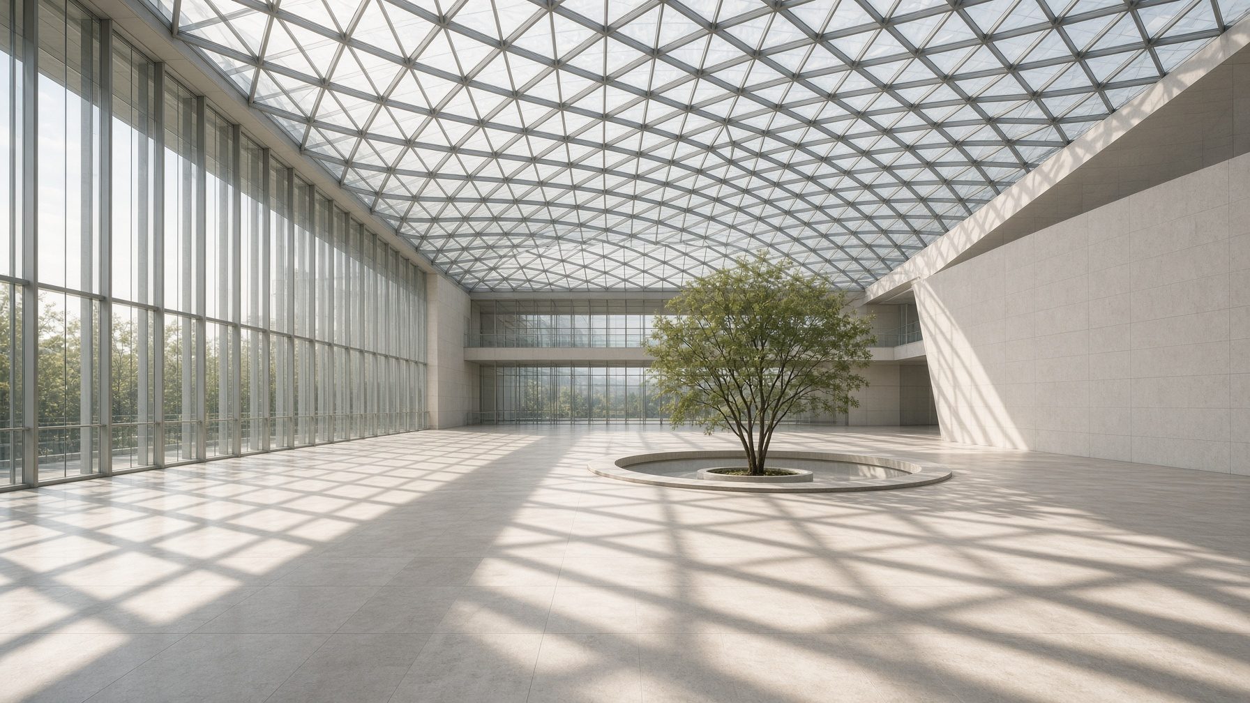 A vast atrium with a steel diagrid roof, stone floor, and a tree beneath a circular skylight.