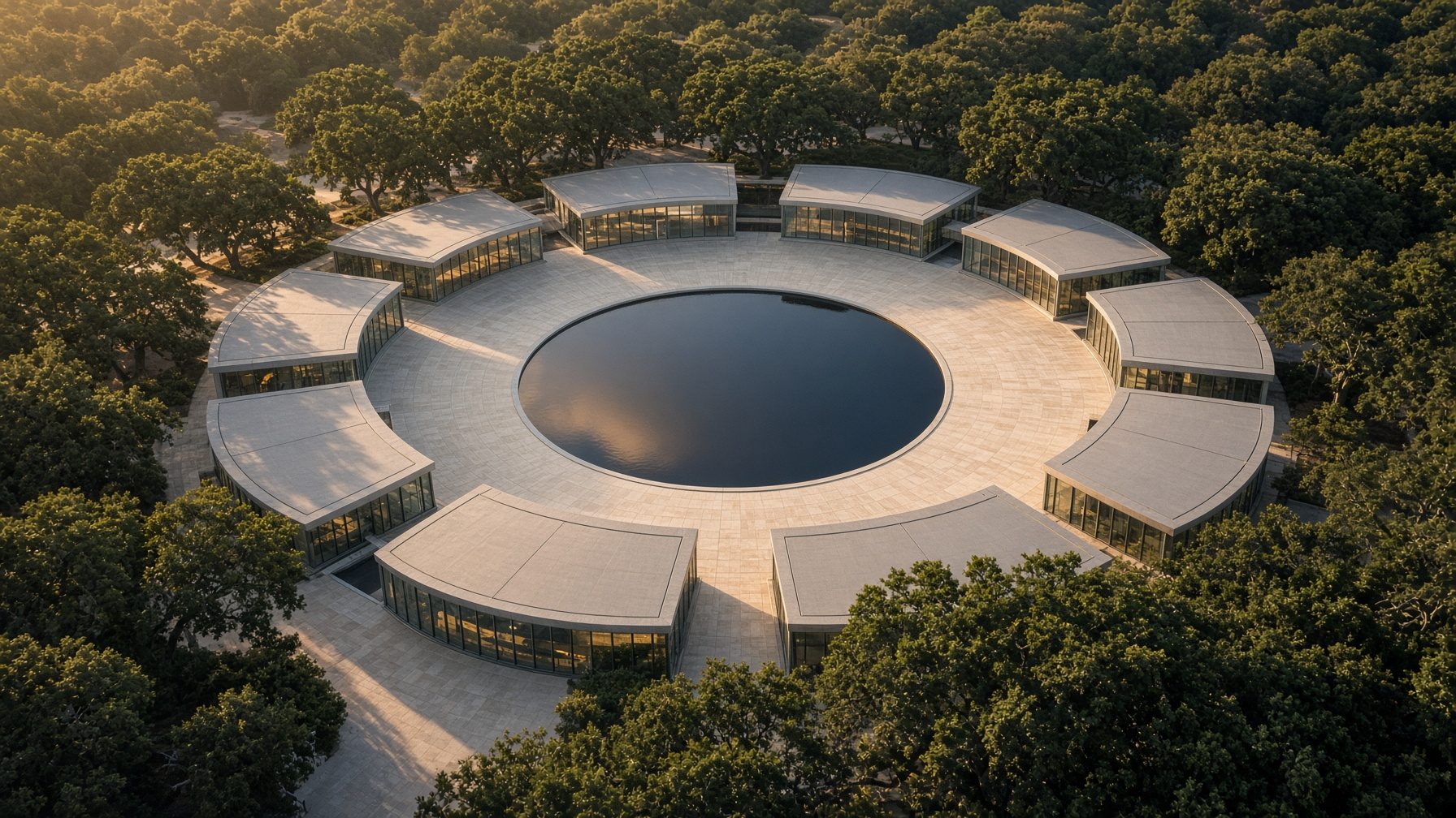 Aerial of a circular glass campus arranged around a reflecting pool.