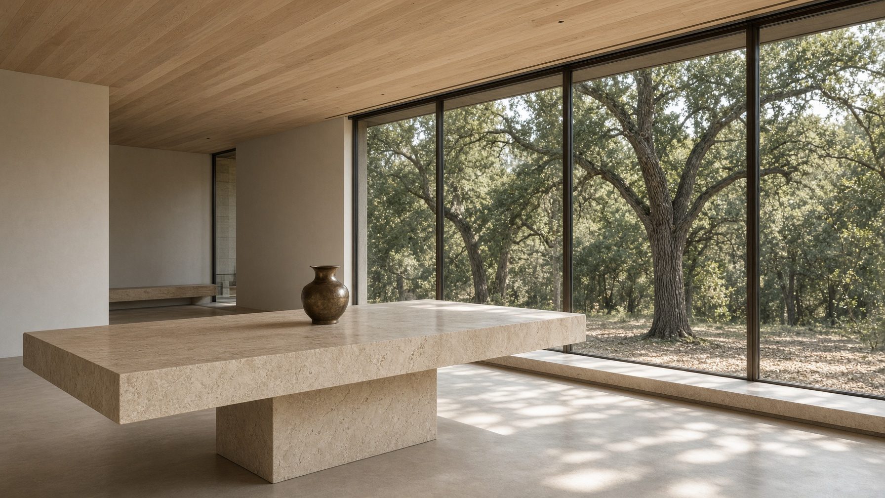 An empty chamber: a long stone table, a bronze vessel, glass onto oaks.