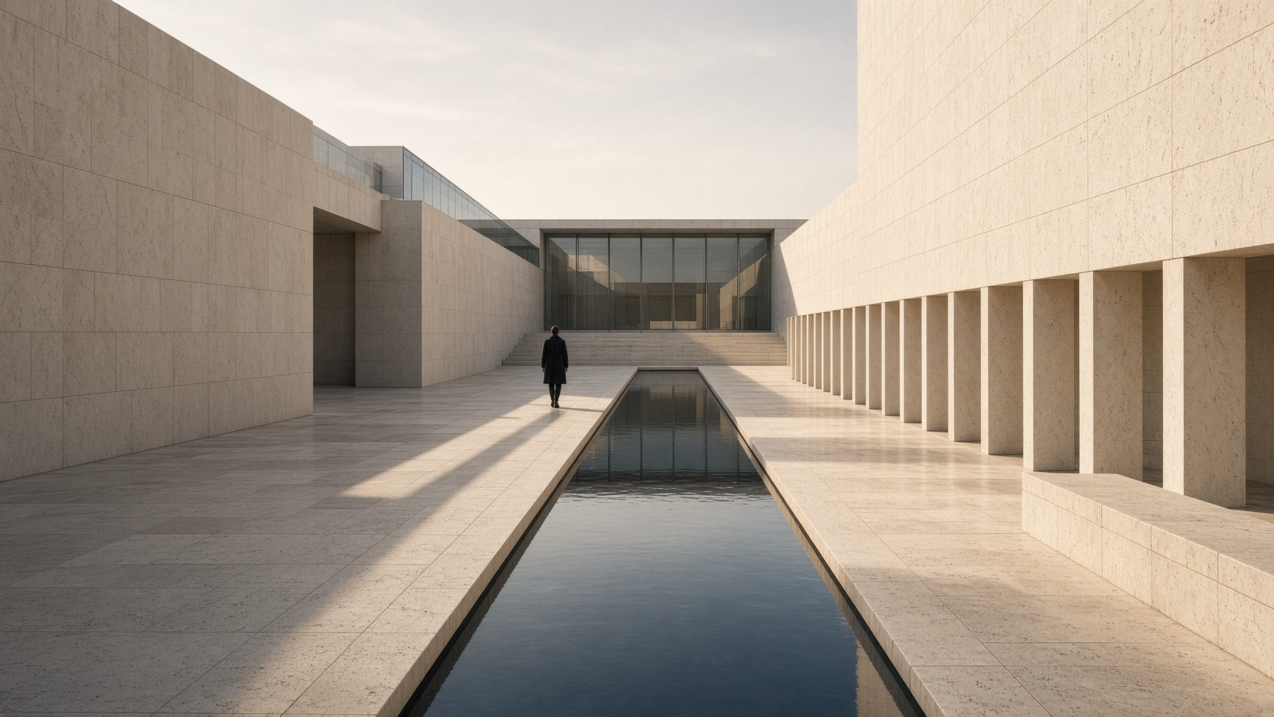 A limestone courtyard with a linear water channel and a distant figure walking toward a pavilion.