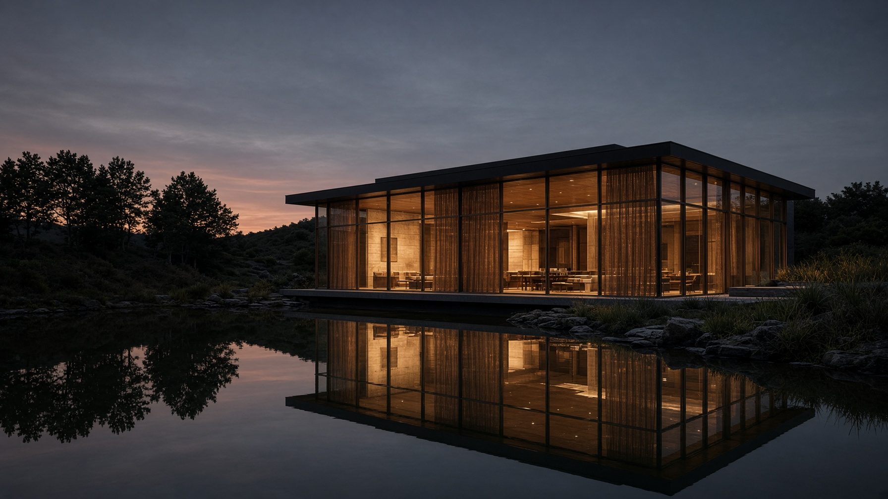 A glass pavilion at dusk, warm interior light reflected in still water.