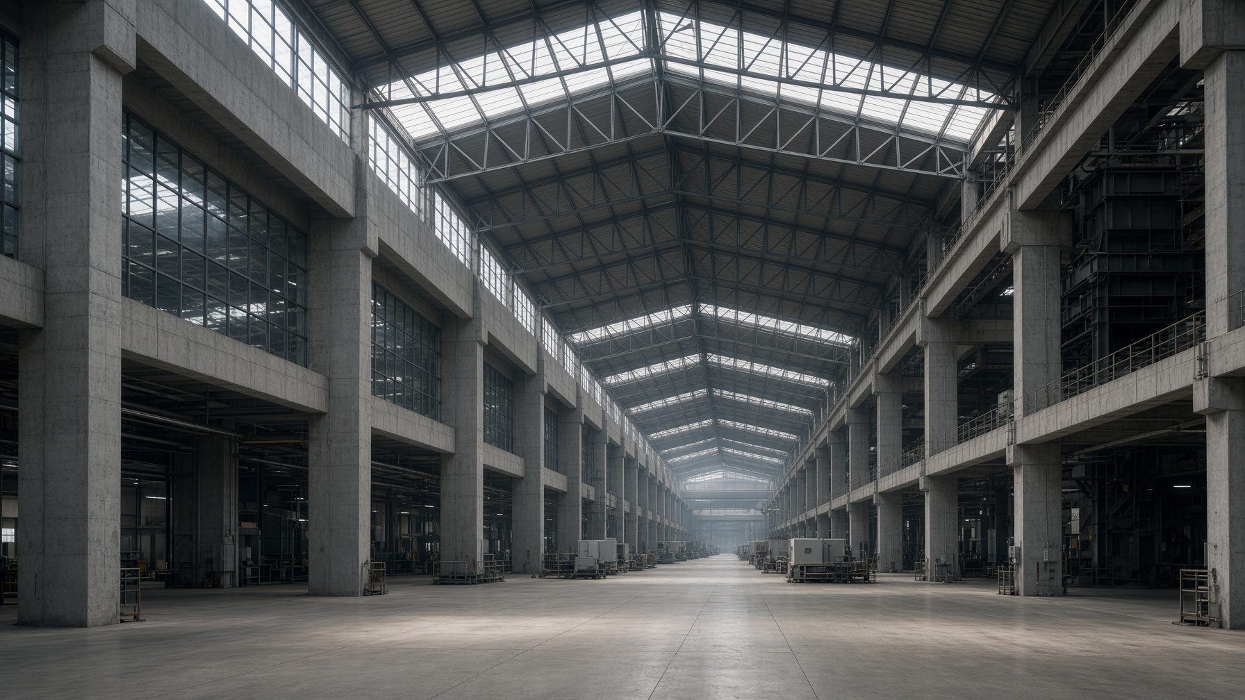 A monumental concrete and glass hall with long roof spans and clerestory light.
