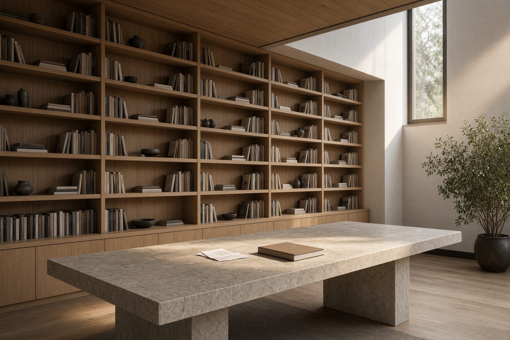 A contemporary library with oak shelves and a long stone reading table.