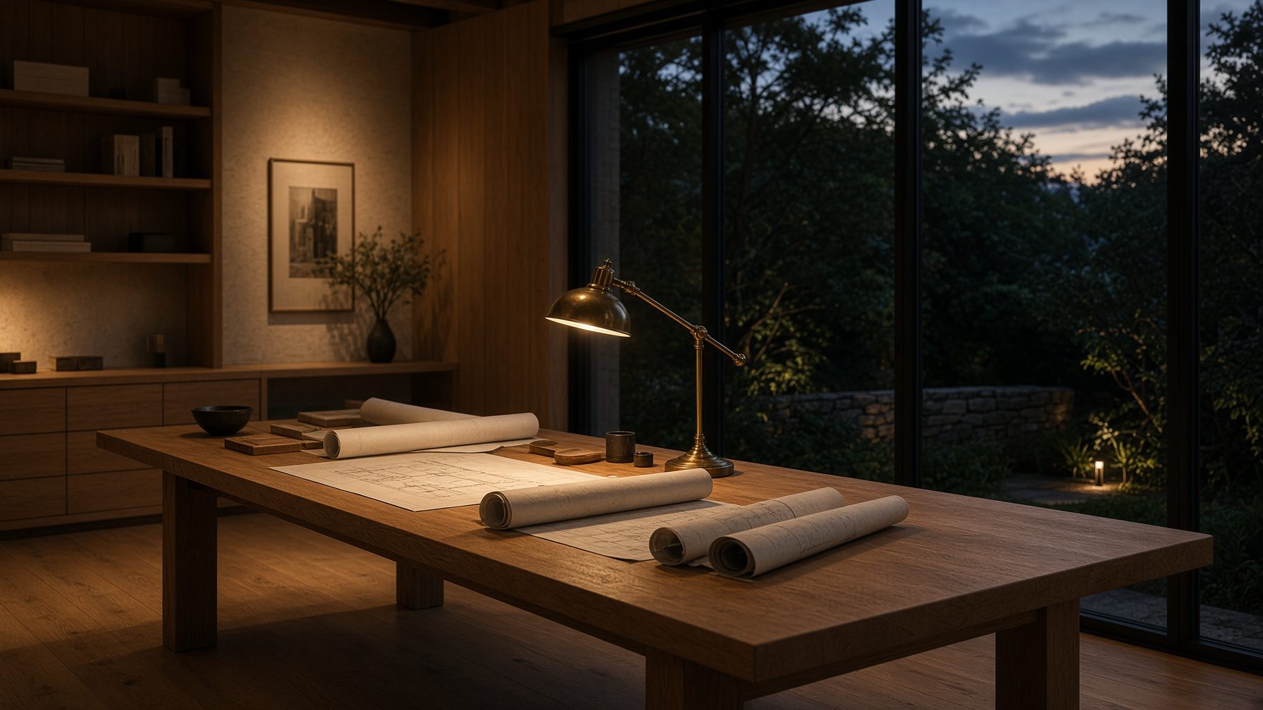 A long oak table with rolled drawings, a bronze lamp, glass onto a dark garden.